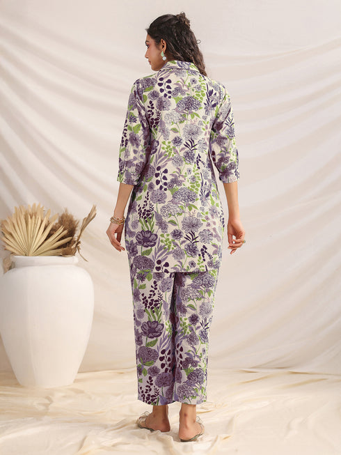 Cream Pure Cotton Floral Printed Straight Co-ord Set